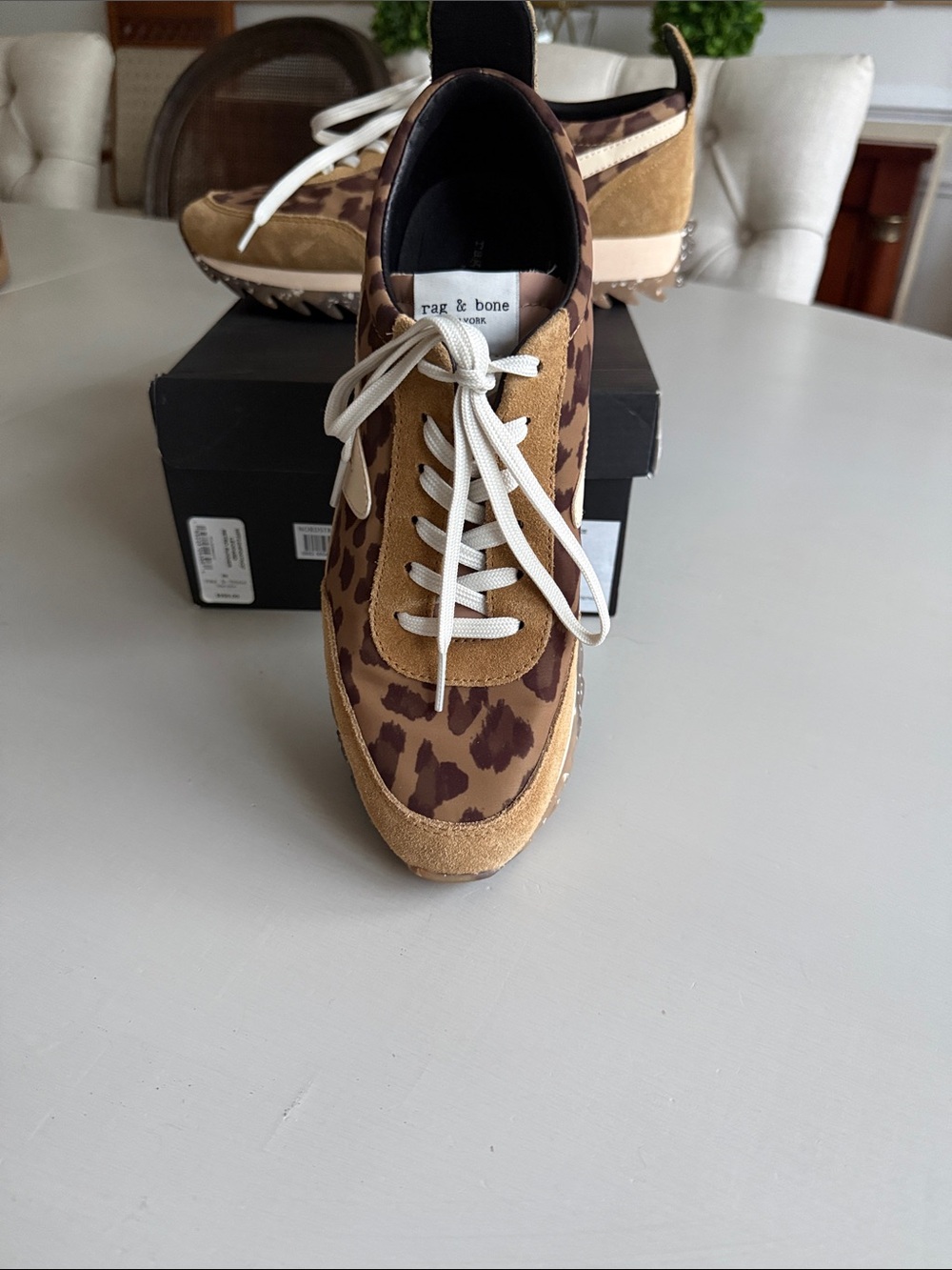 rag & bone Leopard Print Suede and Canvas Sneakers in Brown and Cream
